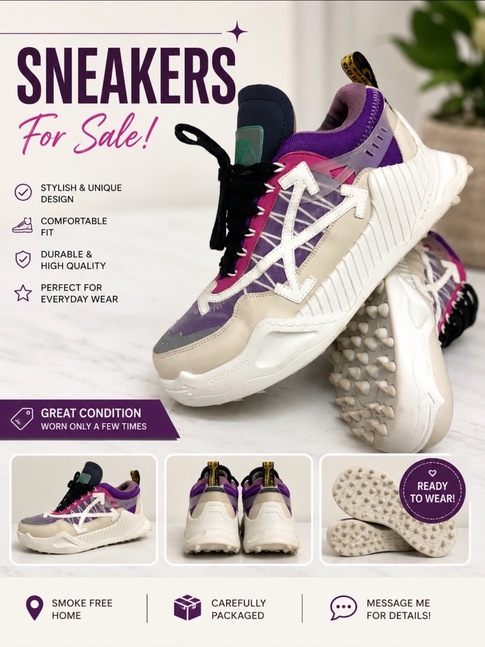 Off-White Odsy-1000 Mens SZ US 10.5 -11 Cream Pink Purple Low Top Sneaker Shoes